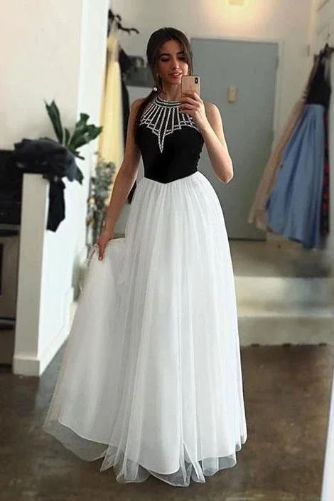 White Tulle Long Prom Dress With Black Top A-line Sleeveless Long Party Dress with Beading OKU25 Tunics Luxurious high-end
