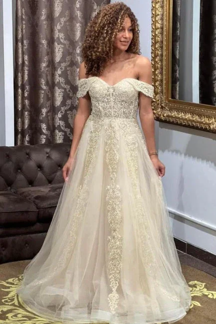 Ivory Off Shoulder Appliques A-Line Tulle Long Party Dress,DP977 Tunics Designer luxury