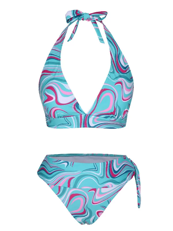 Blue 1970s Marble Print Lace Up Halter Swimsuit Beachy Ruffle Bikini
