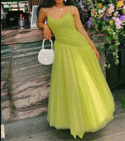 Green Spaghetti Straps A-Line Tulle Long Party Dress,DP1959 Tunics Sale discount