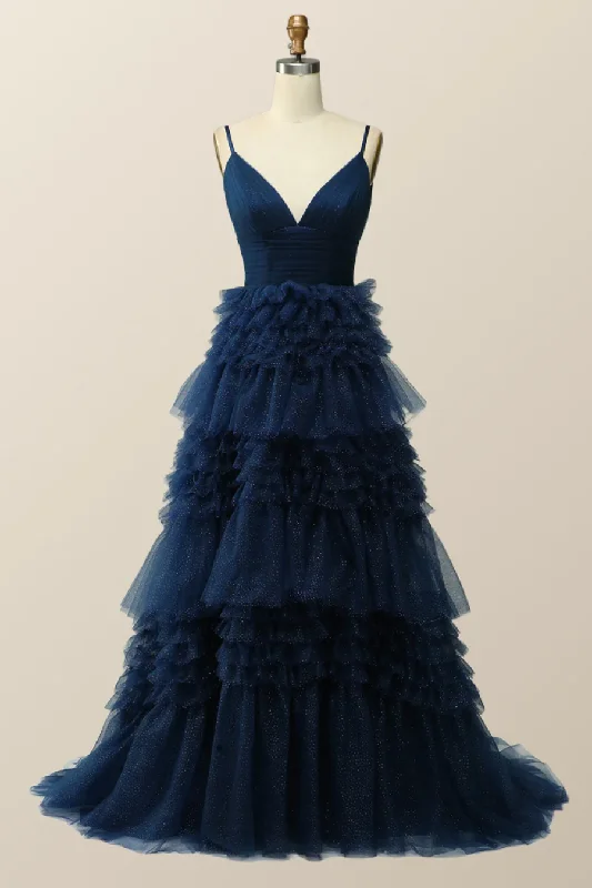 Navy Blue A-Line Tiered Ruffles Long Party Dress Ball Gown,DP1812 Tunics Short Trendy