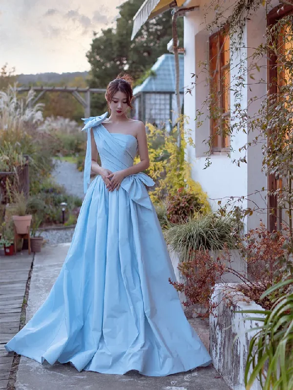 Blue Satin One Shoulder A-Line Evening Party Dress Long Prom Dress,DP1710 Boat Neckline Classic
