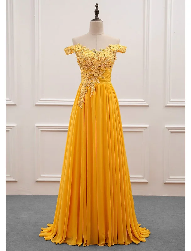 Yellow Off Shoulder A-Line Appliques Long Prom Dress Formal Party Dress,DP1461 Tunics Spring floral
