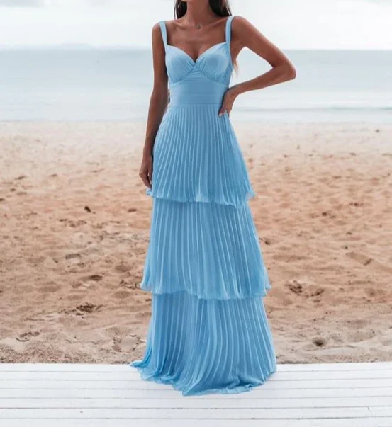 Blue Straps A-Line Layers Elegant Long Party Dress, DP2223 Chiffon Maxi Beach
