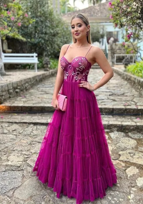 Fuchsia Spaghetti Straps A-Line Tulle Long Party Dress,DP1787 Tunics Hiking breathable