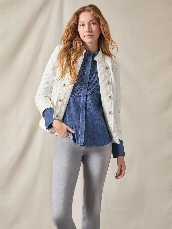 Quilted Button-Detail Military Band Jacket Zip Front Button Front Snap Front
