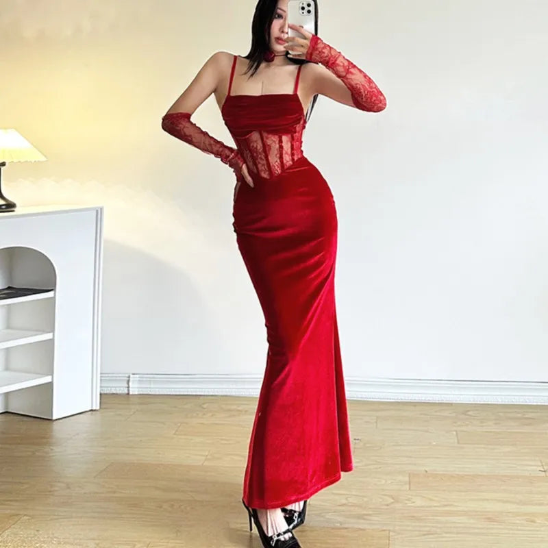 Advbridge Sexy Bodycon Velvet Dresses for Women Spaghetti Strap Corset Slim Waist Slit Evening Party Dress Prom Robe Christmas Vestidos Tunics Yoga stretchy