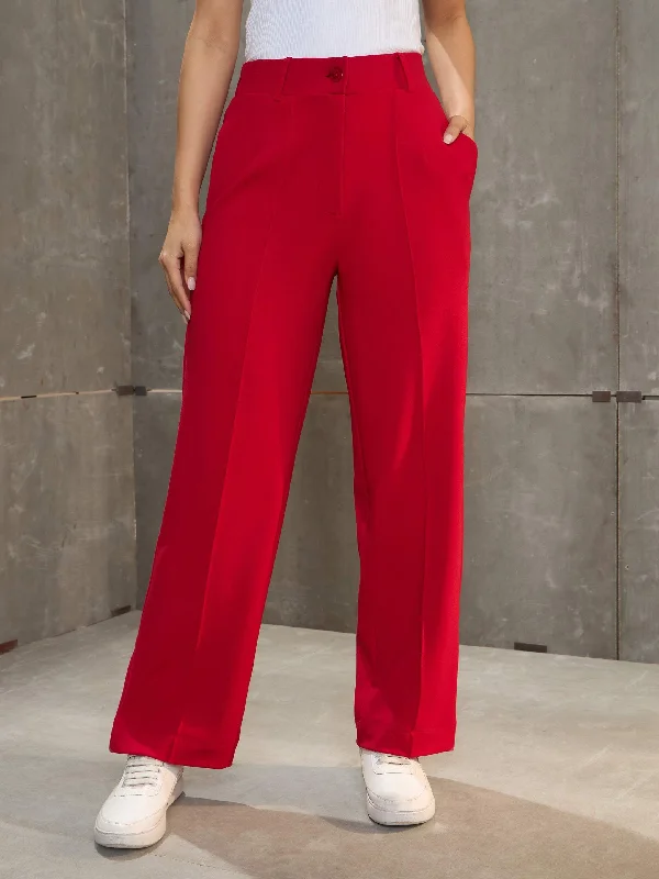 Women Red Front Darted Straight Pants Classic Flared Pants