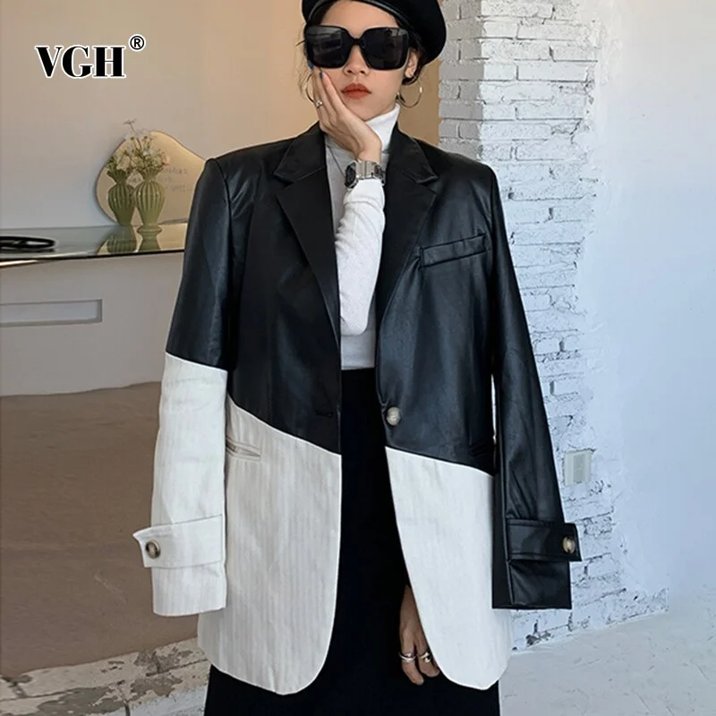 VGH Hit Color Casual Blazer For Women Notched Long Sleeve PU Leather Korean Jackets Female 2022 Spring Clothing Tide Zippered Front Buttoned Front Snap Front
