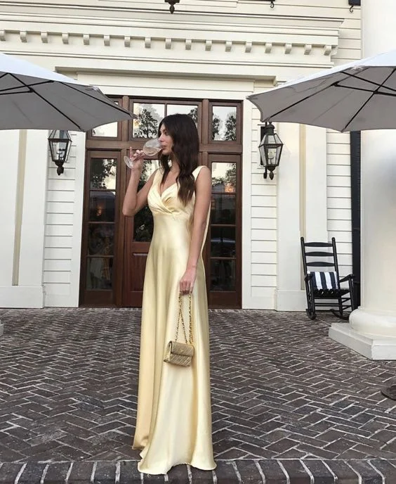 Light Yellow A-Line Satin Long Party Dress,DP1783 Tunics Silk luxurious