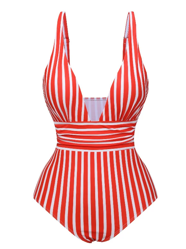 1950s Stripes Spaghetti Strap One-Piece Swimsuit Tropical Print Bikini