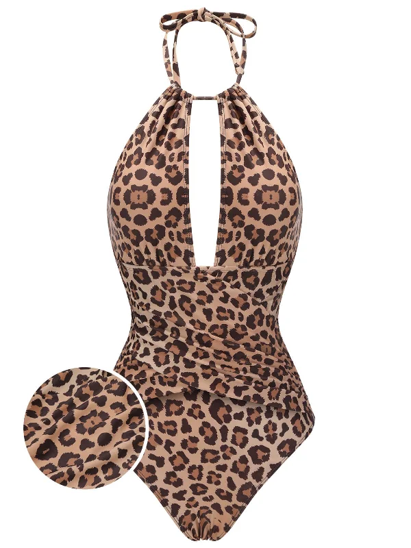 Brown 1930s Leopard V-Neck Halter Swimsuit Halter Neck Swimsuit