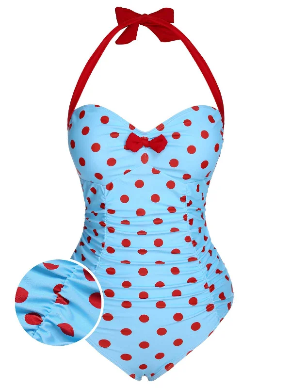 1940s Halter Contrast Polka Dots One-Piece Swimsuit Bold Color Swimsuit