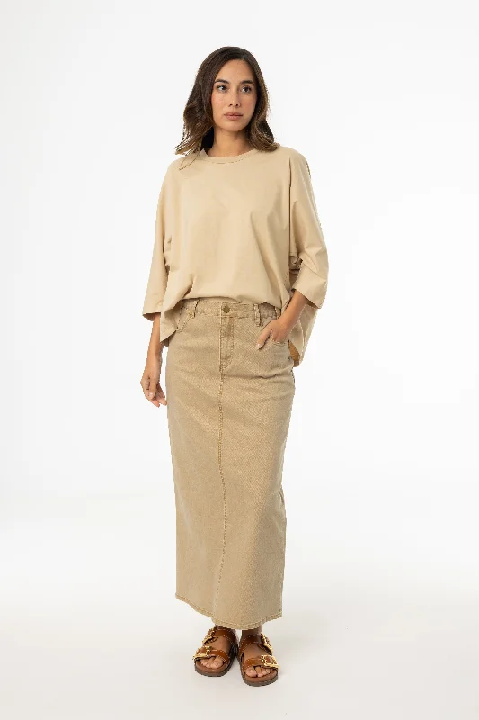 Tan Wash Denim Maxi Skirt denim skirt classic