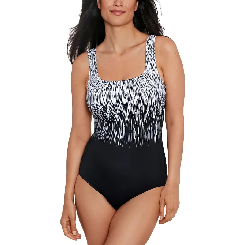 Shape Solver Womens Printed Tummy Control One-Piece Swimsuit Sporty Swim Shorts