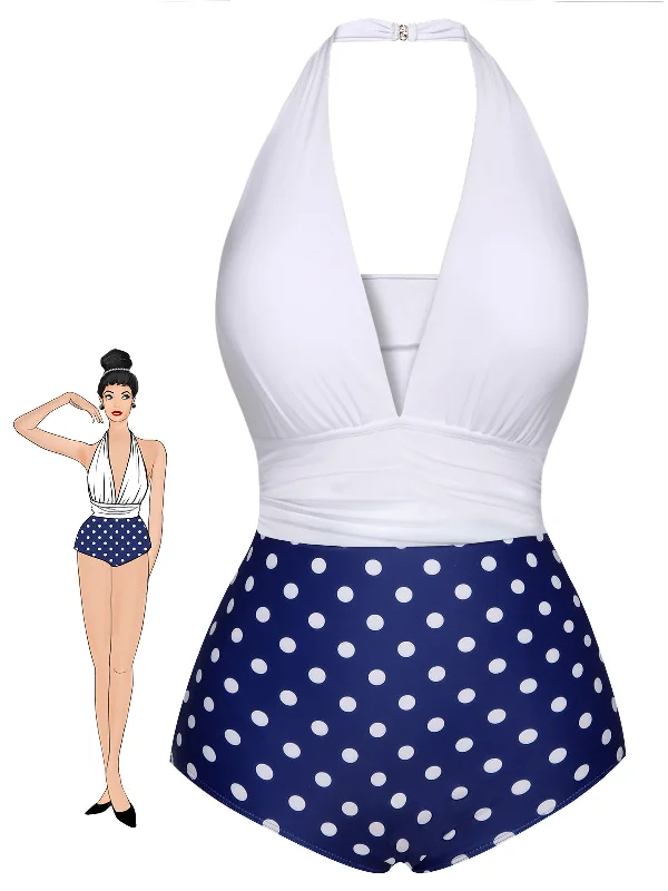 Blue & White 1950s Polka Dots Halter Swimsuit Bold High-Cut Bikini
