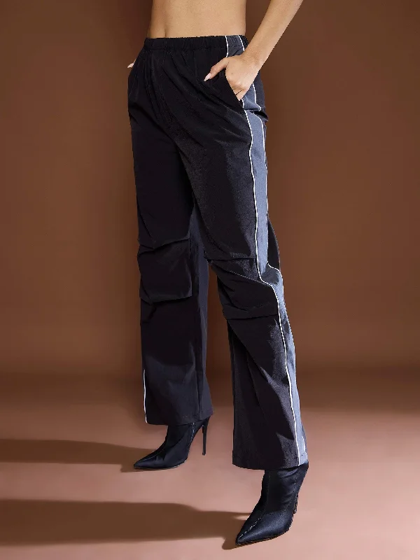 Women Unisex Black Side Panel Baggy Parachute Pants Wide-Legged Palazzos