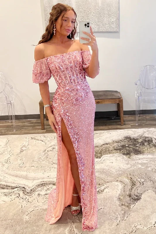 Pink Off Shoulder Sparkle Sequined Beaded Long Prom Party Dress with Slit,DP1000 empire Waist empire