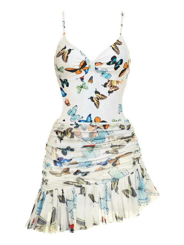 1960s Butterflies Strap One-piece Swimsuit & Cover-up Skirt Minimalist One-Piece