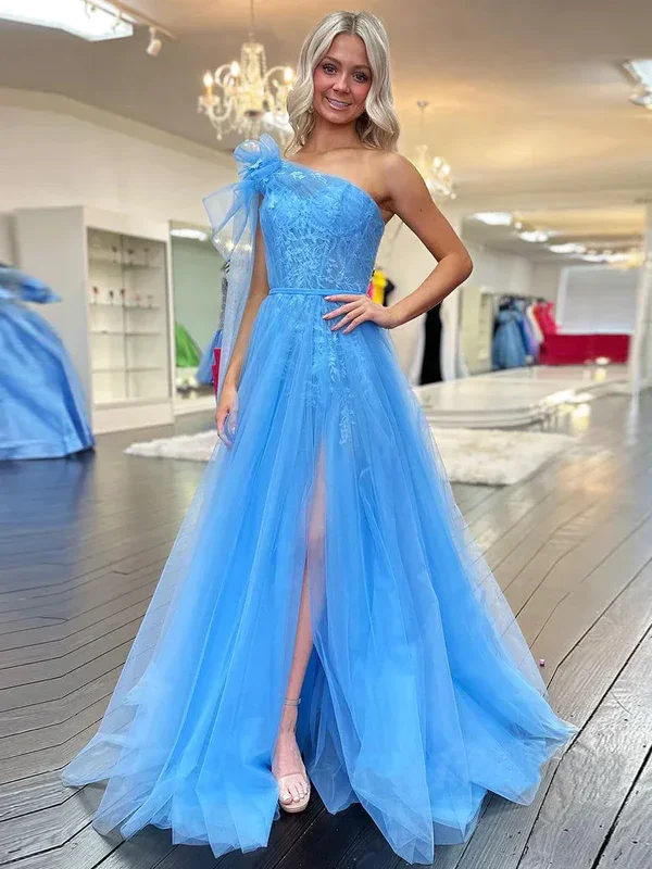 Elegant Blue One Shoulder A-Line Tulle Lace Long Party Dress, DP2067 Tunics Spring floral