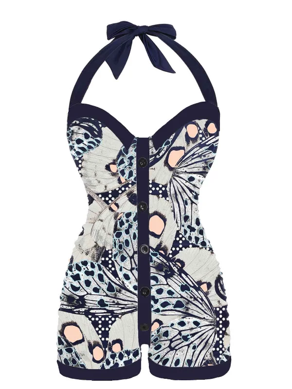 1950s Navy Blue Butterfly Halter Swimsuit Sporty Racerback Swimsuit