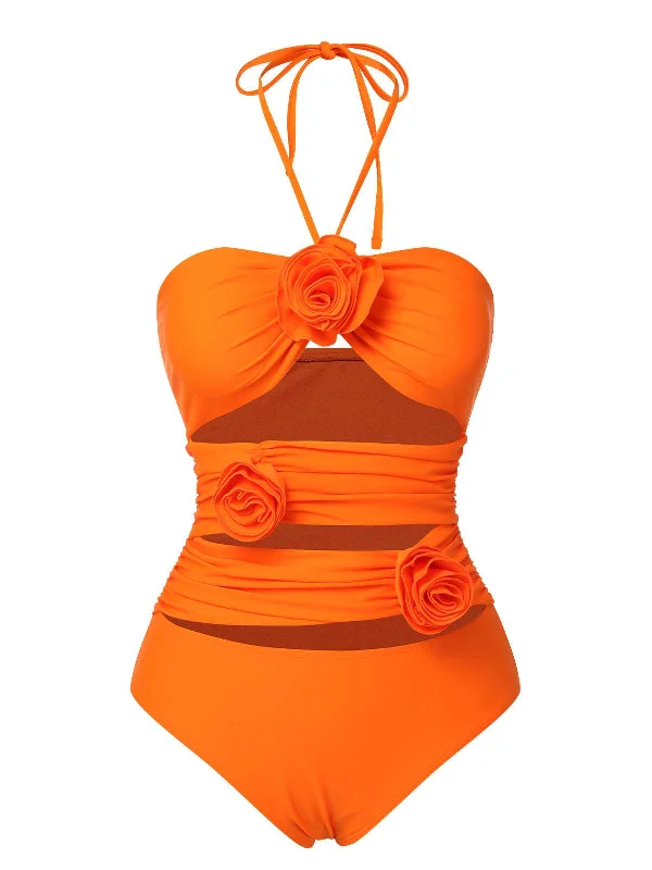 Orange Red 1950s Halter 3D Flower One-Piece Swimsuit Stylish Swimsuit Set