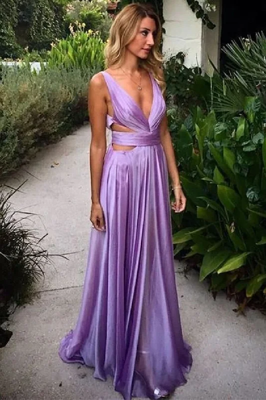 Purple Deep V Neck A-Line Elegant Long Party Dress with Slit, DP2038 Tunics Spring floral