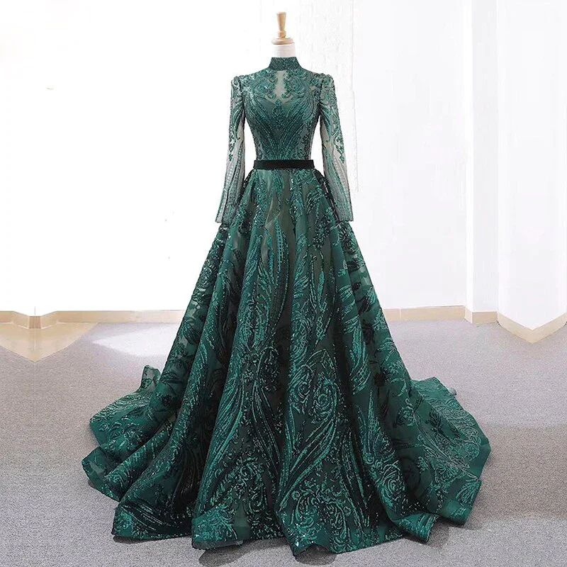 Emerald Green Sequin Muslim Evening Dress Long Sleeves Party Dress,DP1092 Tunics Formal black