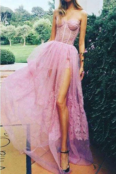 Sexy Pink Sweetheart Side Split Lace Appliques Pretty Long Prom Party Dresses OKG13 Tunics Chic fashionable