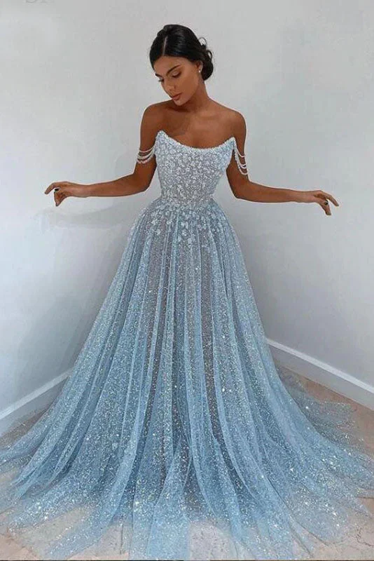 Shiny Beaded Off The Shoulder Glitter Sequins A-line Prom Dress Long Party Dress OKV56 Tunics Cozy soft