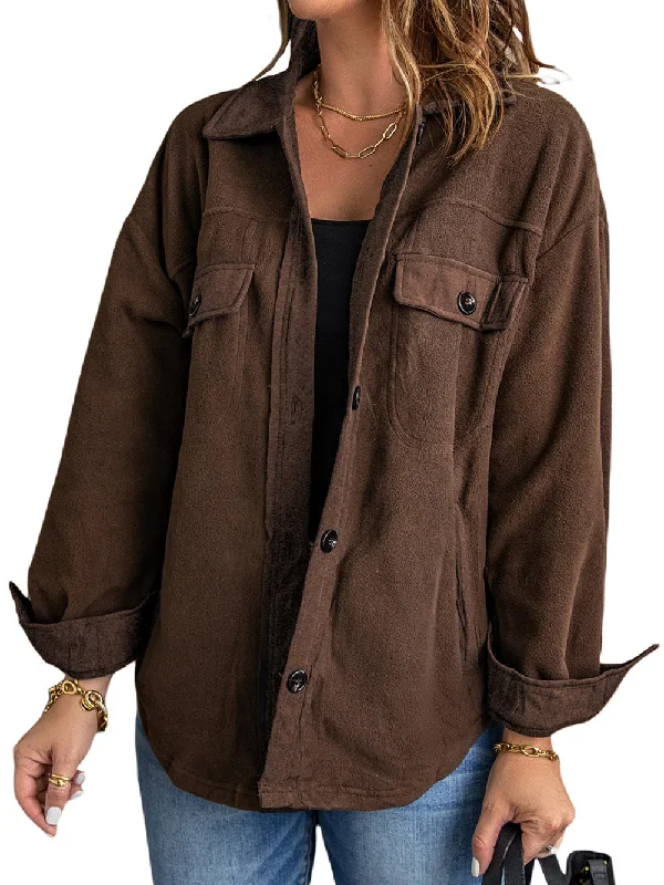 Brown Fleece Oversized Shirt Jacket Toggled Jacket Drawstring Jacket Belted Jacket