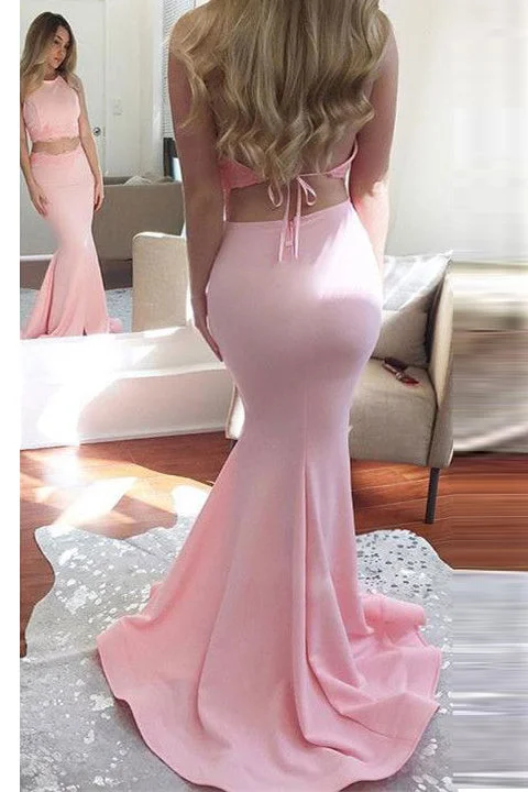 Open Back Mermaid Two Pieces Pink Halter Long Prom Dress Formal Party Dresses Tunics Recommended stylist