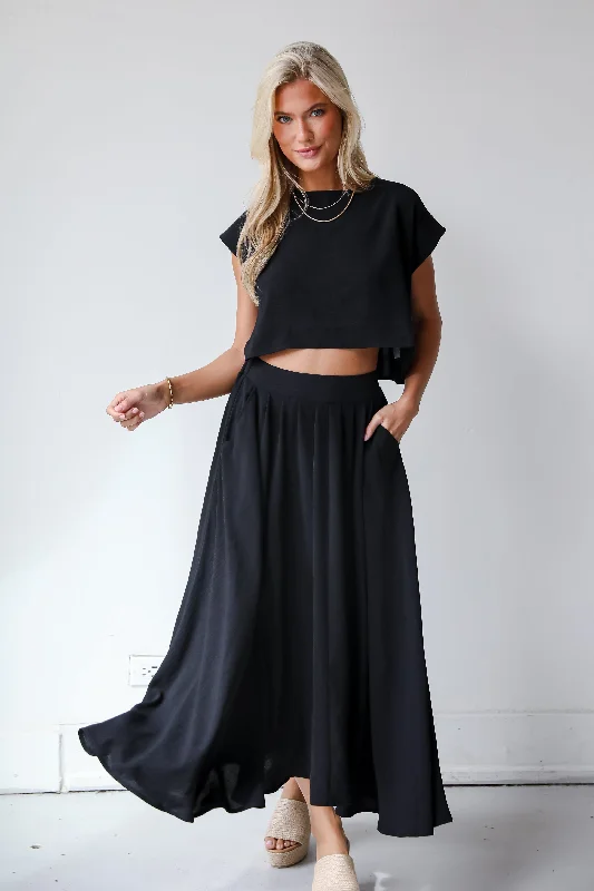 FINAL SALE - Effortless Escape Black Maxi Skirt - DU DEAL flowy skirt hem