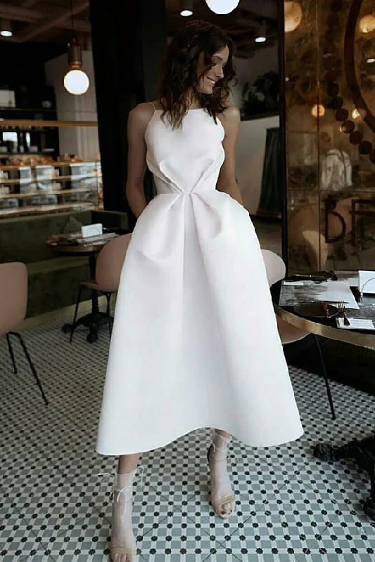 Spaghetti Straps Off White Prom Dresses with Pockets Tea-Length Party Dress OKL72 Tunics Solid Classic