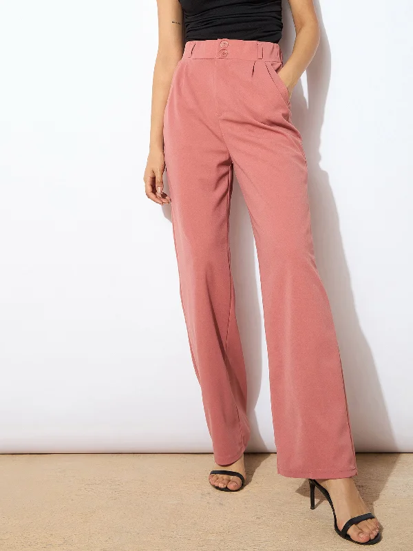 Women Pink Pleated Straight Pants Casual Drawstring Pants