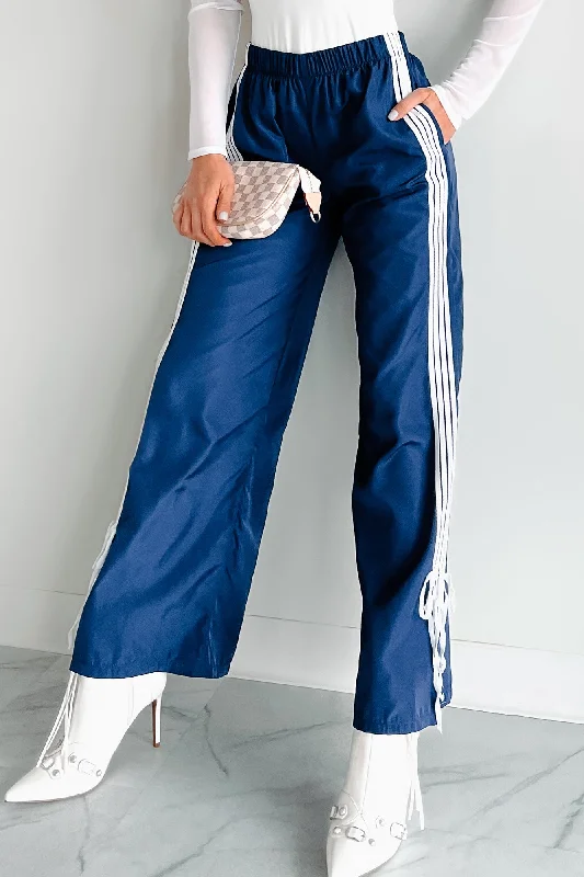 Colby Side Stripe Ribbon Tie Track Pants (Vintage Navy) Elegant High-Waist Pants