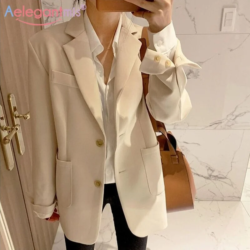 Aelegantmis Women Solid Color Single Breasted Casual Blazers Jackets Office Lady Work Suit Coat Ladies Basic Pocket Outerwear Lace Jacket Ribbed Jacket Sequined Jacket
