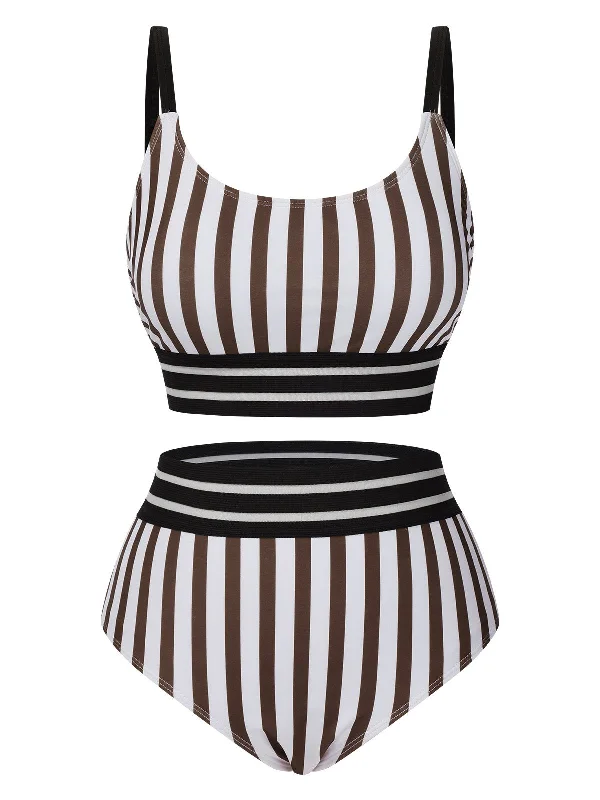 1950s U-Neck Vertical Stripes Straps Swimsuit Vibrant Bikini Bottoms