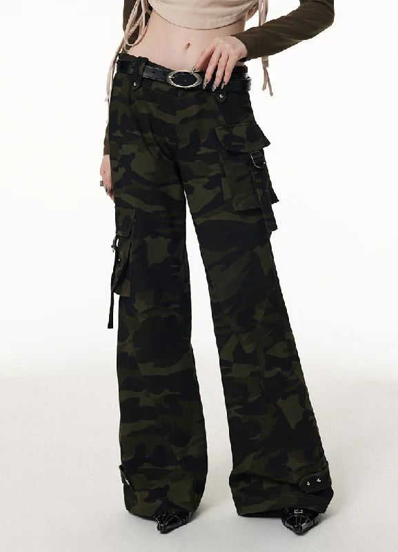 Vone sheeE -Women's retro casual straight loose wide leg micro camouflage work pants autumn and winter Fashionable Button-Up Pants