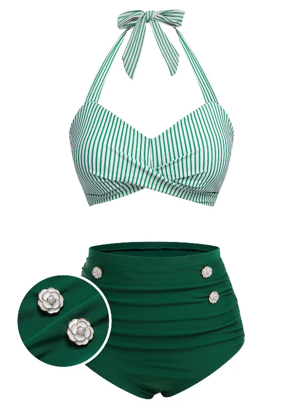 Green 1940s Striped Halter Swimsuit Set Sexy Cutout Swimsuit