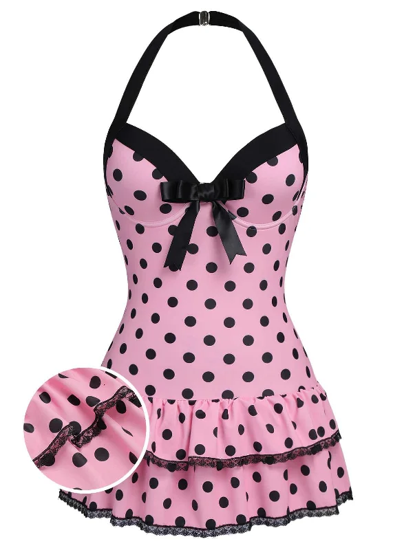 Pink 1940s Halter Polka Dots Bow One-Piece Swimsuit Elegant Ruffled Bikini