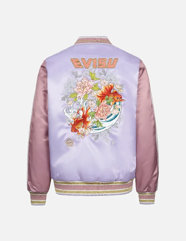 Goldfish and Floral Flow Embroidery Color-blocking Loose Fit Souvenir Jacket Denim Fabric Leather Fabric Suede Fabric