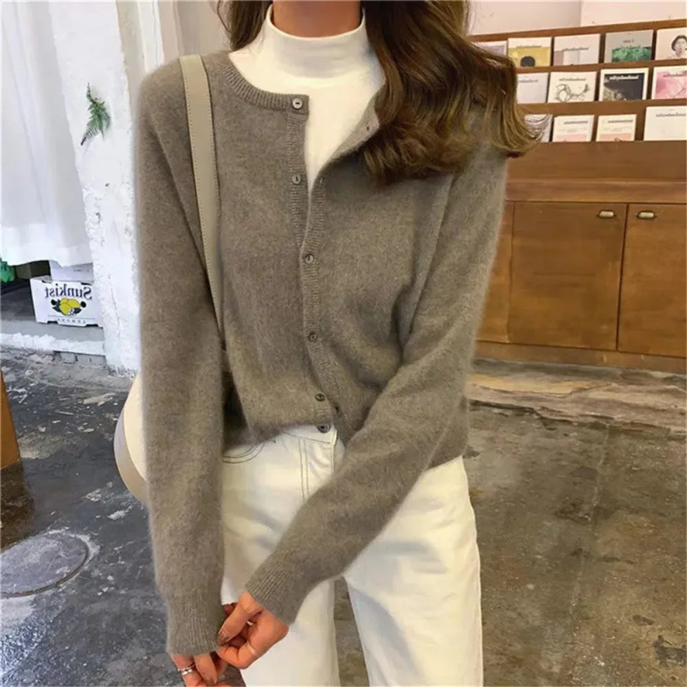 Single Knitted Long Solid Pink Crop Knitted Cardigan Sweater Casual Formal Business