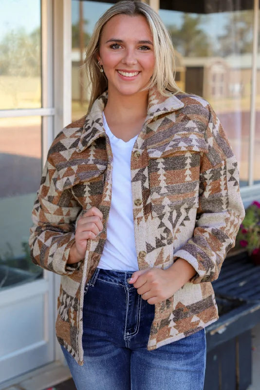 Brown Aztec Print Flap Pocket Button-up Jacket Tailored Jacket Straight Jacket A-Line Jacket