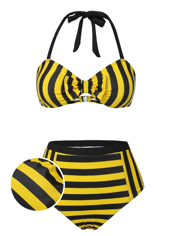 Yellow & Black 1970s Striped Bow Halter Swimsuit Modern High-Waisted Swimsuit