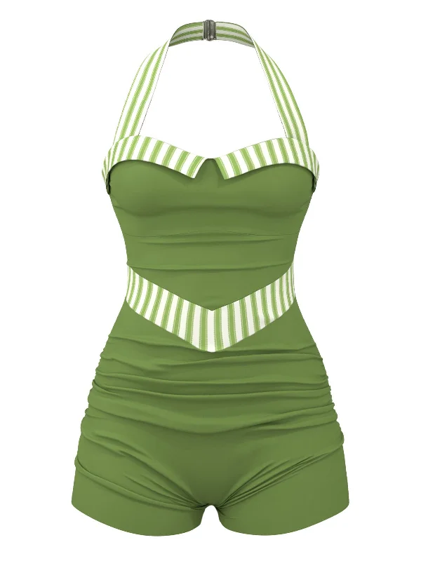 [Pre-Sale] Green 1940s Stripe Patchwork Halter Swimsuit Tie-Back Swimwear