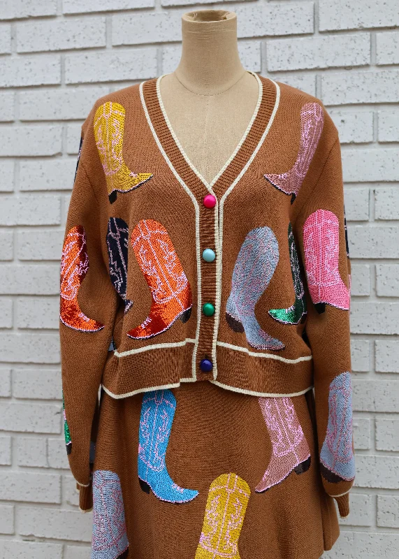 BROWN MULTI COWBOY BOOT KNIT CARDIGAN & SKIRT SET Beaded Cardigan Sequined Faux Fur
