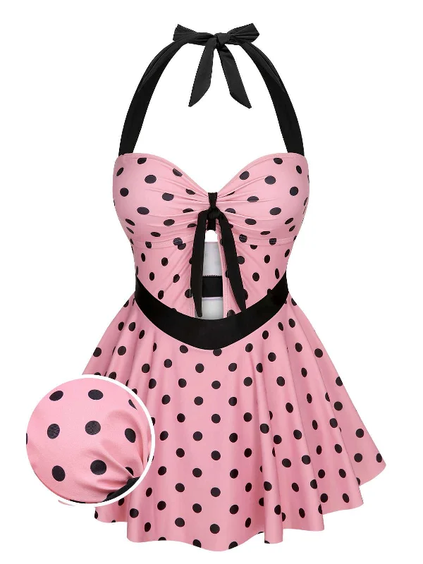 Pink 1950s Halter Polka Dots One-Piece Swimsuit Color-Block Bikini