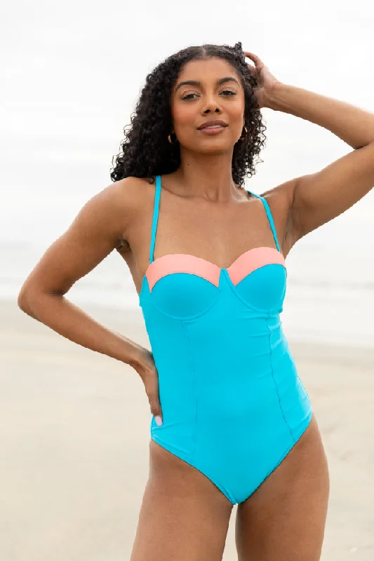 Sandbar Soiree Blue and Coral Contrast Trim One Piece Swimsuit SALE Elegant Ruffle Swimsuit