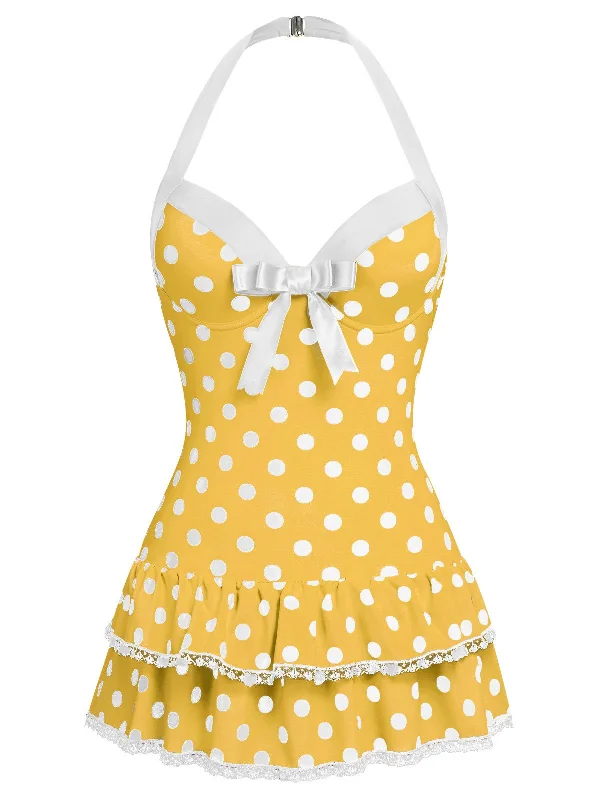 Yellow 1940s Halter Polka Dots Bow Swimsuit Elegant Swimsuit Bottoms